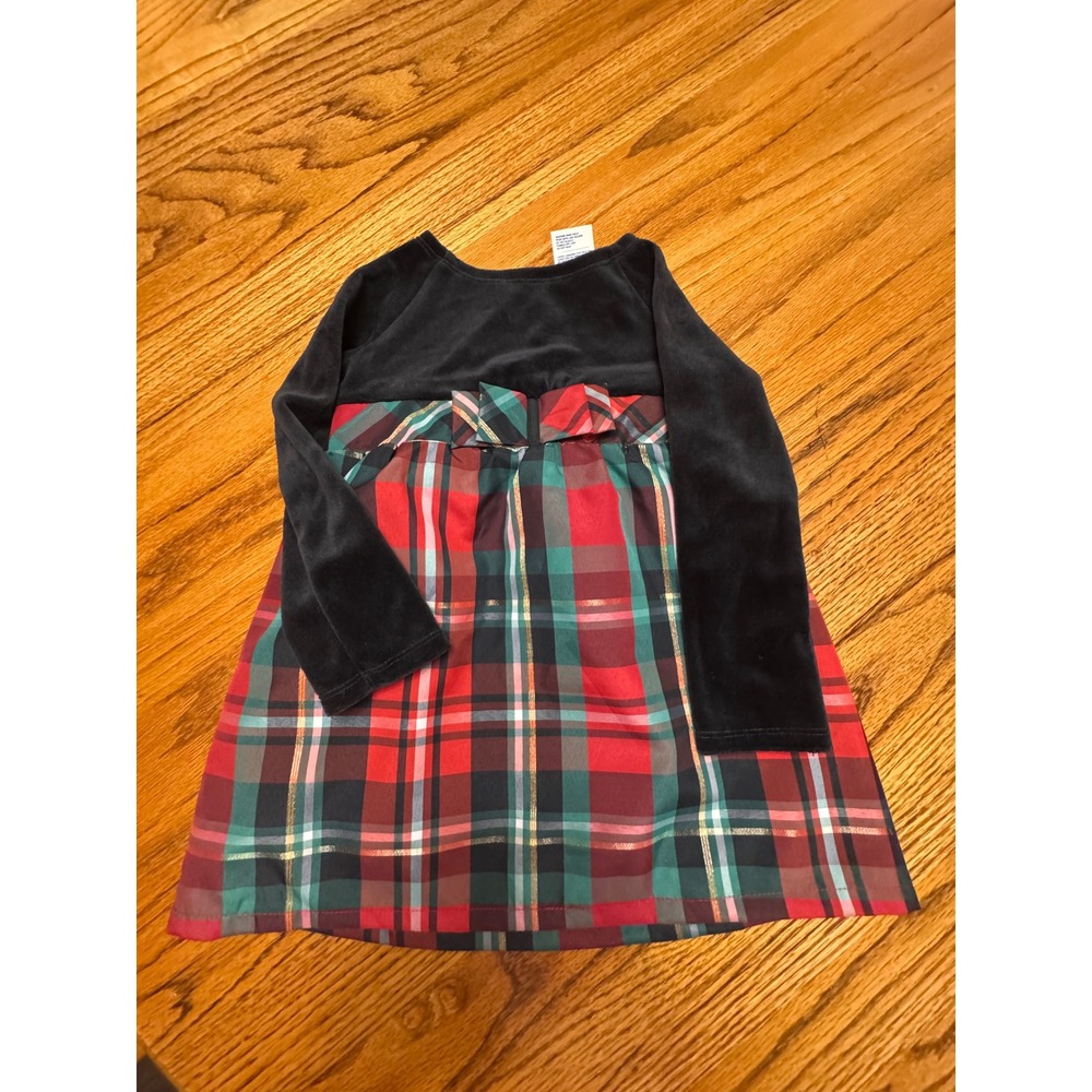 Healthtex Toddler Girls 3T Black Velvet Plaid Holiday Dress Christmas Red Green